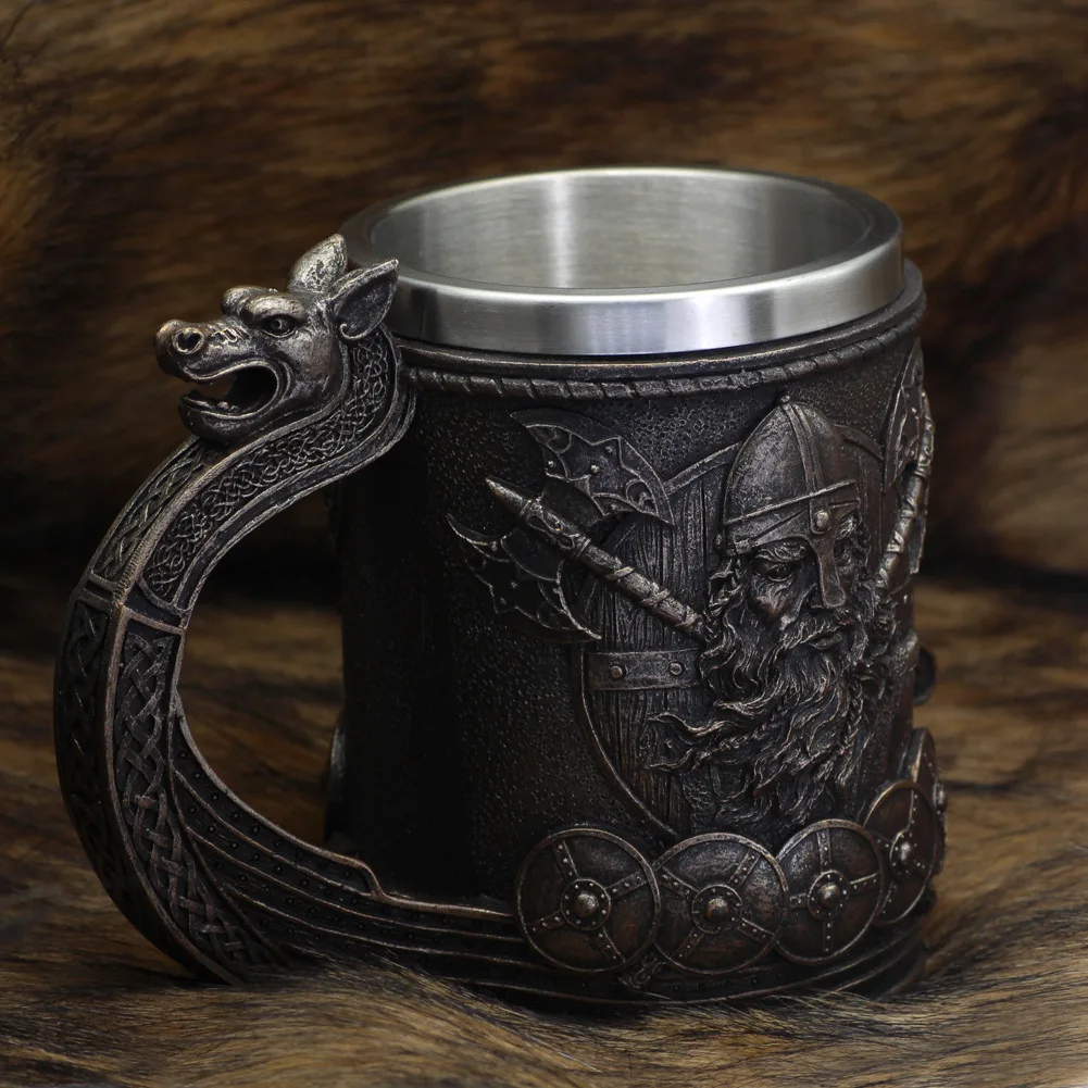

600ml Viking Wood Style Beer Mug Medieval Dragon Resin Stainless Steel Beer Mug Retro Tankard Skull Coffee Cup Tea Mug Beer Cup