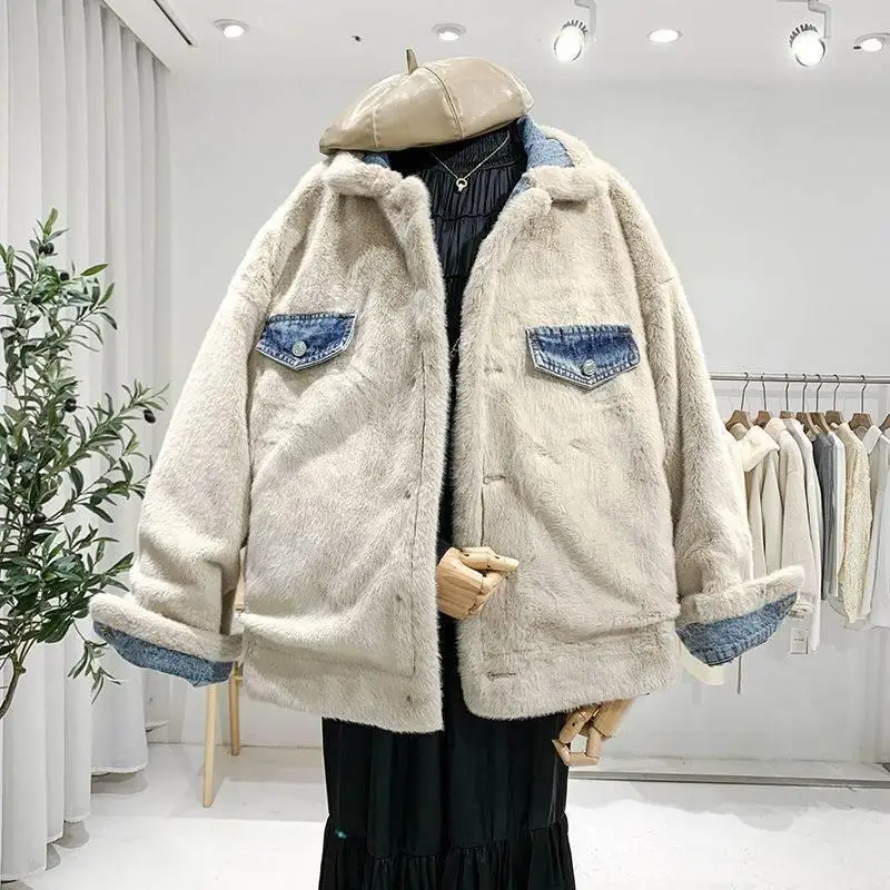 Winter Lamb Wool Jacket Women Double Sided Wear Denim Faux Fur Coat Female Cashmere Thick Casual Cotton Loose Thick Warm Clothes