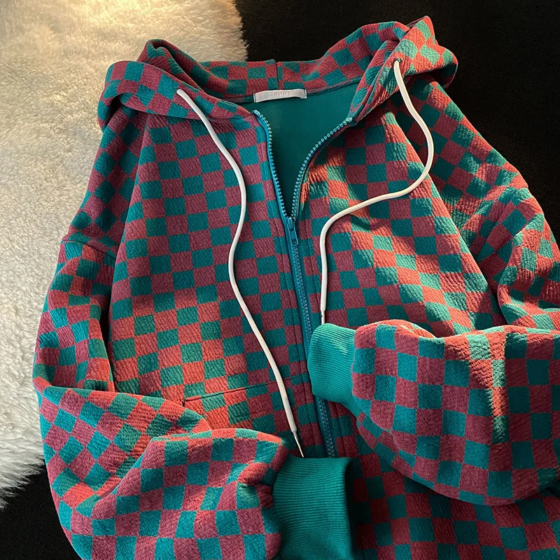 

Hip Hop Vintage Plaid Hit Color Patchwork Women Sweatshirts Korean Chic Preppy Style Oversize Hoodies Zipper Hooded Female Coats