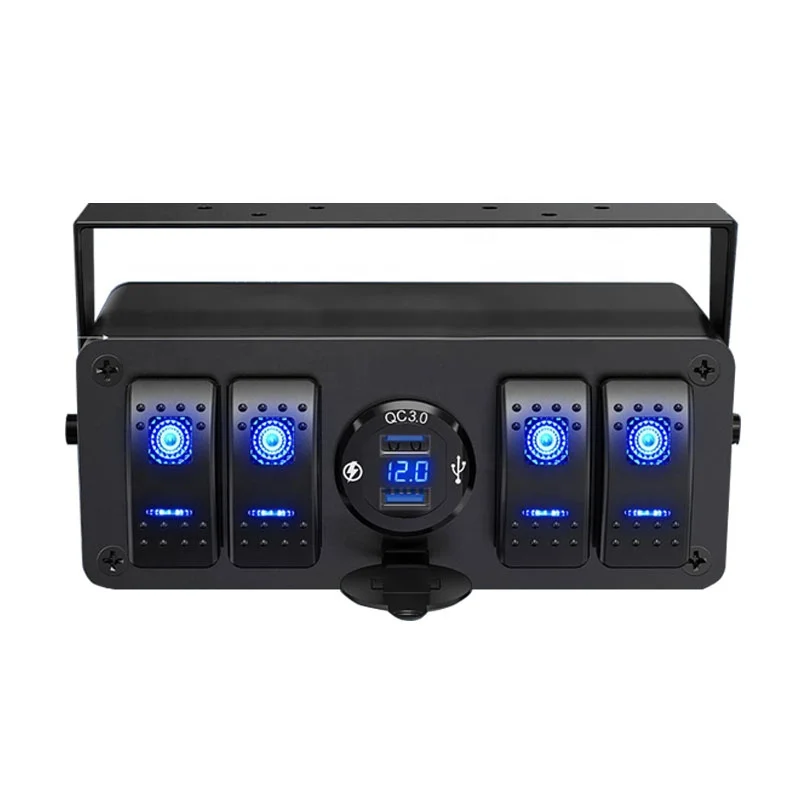 

4 Gang Rocker Switch Box 12V SPST ON-OFF Switch QC 3.0 USB Charger Voltmeter Waterproof Aluminum Rocker Switch Panel Night Glow