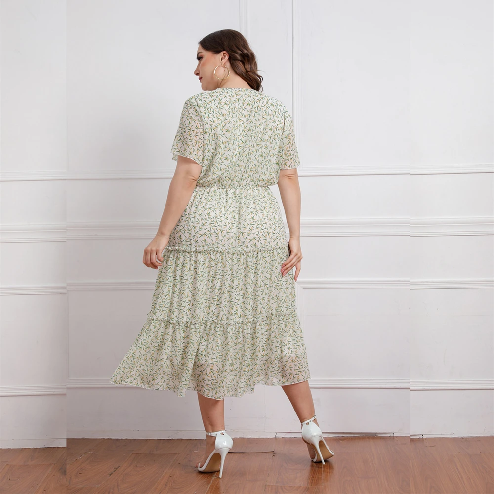 2022 Summer New Hot Sale European And American Style Chiffon Plus Size V Neck Floarl Short Sleeve Dress For Large Women
