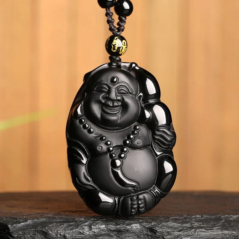 

Natural Black Obsidian Gourd Smile Buddha Pendant Fashion New Jewelry Men's and Women's Necklaces for Good Luck and Peace