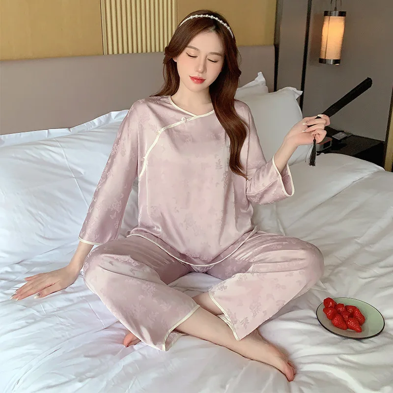 

Nightwear O-neck Satin Home Pyjamas Sleepwear Long Sexy Chinese Clothes Silky Printed Sleeve Retro Style Women Nightgown Pajamas