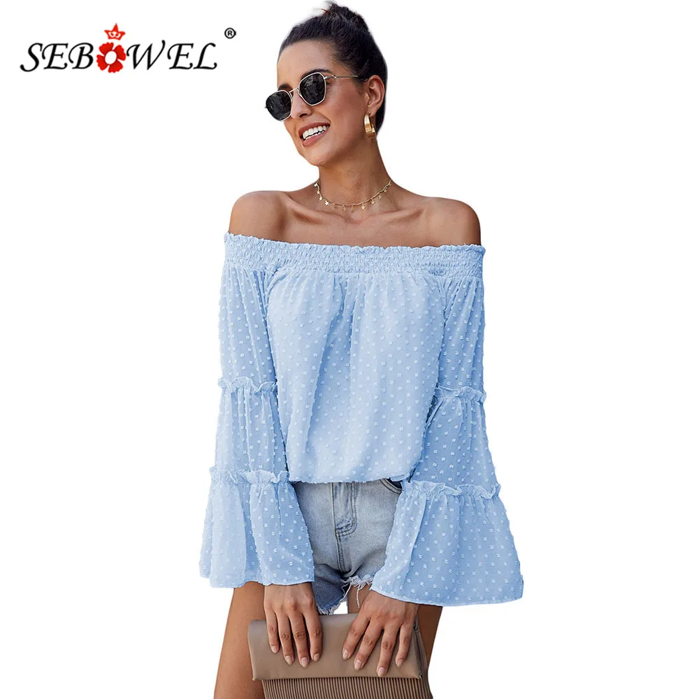 

SEBOWEL Fashion Long Bell Sleeve Swiss Dot Off The Shoulder Ruffles Blouses Tops Woman Autumn Spring Plus Size Female Top S-XXL
