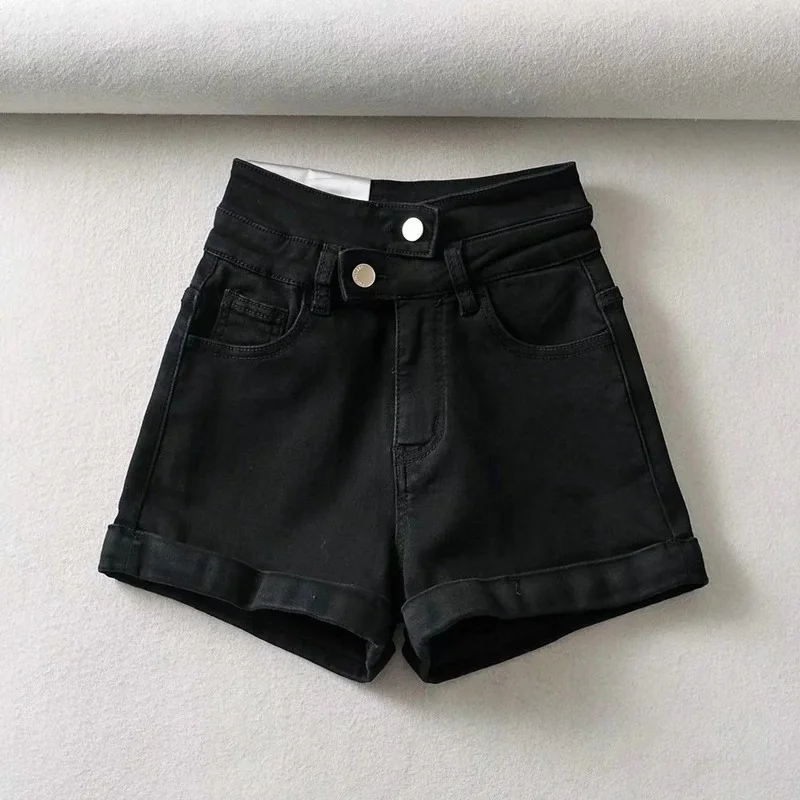 2021 Summer Women Solid Color Short Jeans Female New Trend High Waist White Curled Button Denim Shorts Korean Casual Y2k Bottoms