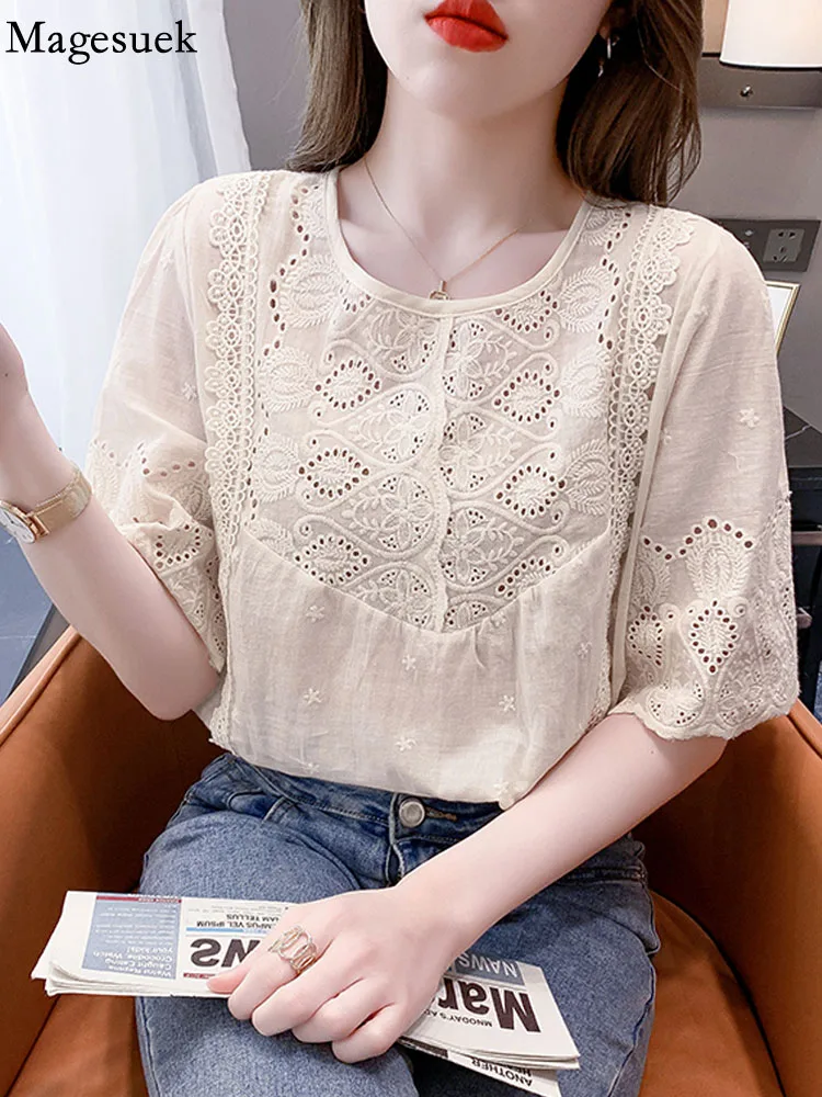 

Summer Elegant Cotton Blouse Women Short Sleeve White Hollow Out Tops O Neck Sweet Loose Korean Ladies Lace Female Blusas 22344