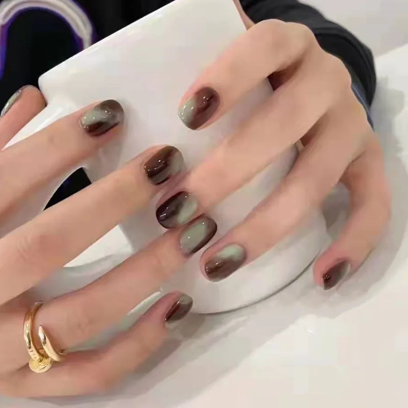 

Ins style advanced nail enhancement green coffee halo dyeing contrast color wearing nail paste fake nail piece niche nail