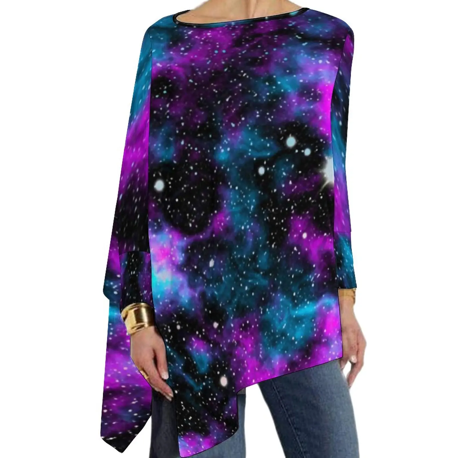 

Blue And Purple Galaxy T Shirts Cosmic Print Elegant T-Shirt Female Long-Sleeve O Neck Streetwear Tops Oversized Print Tees
