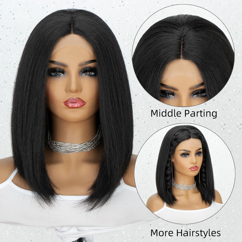 

Kryssma Yaki Straight Lace Wigs For Women Black Kinky Straight Short Bob Wig Heat Resistant Yaki Bob Synthetic Lace Part Wig