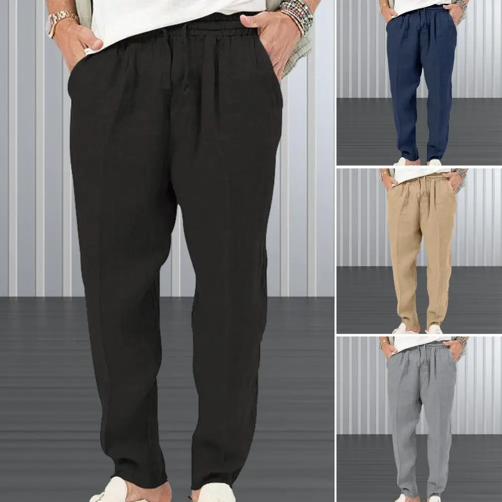 Men Drawstring Long Trousers Streetwear Men's Solid Color Casual Trousers with Straight Leg Elastic Waistband for Everyday