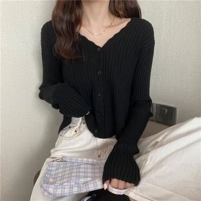 New Knitted Thin Cardigan Women Sweater Coat Spring Autumn Long Sleeve Sweater V Neck Top Loose Outerwear All-Match y2k Clothes