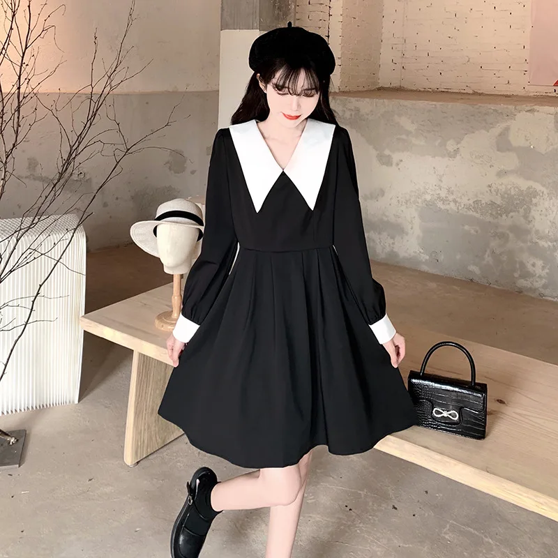 

Elegant Black Midi Dress 2022 Women Sweet Goth Lolita Dress French Style Retro Palace Style Doll Collar Dress Office Lady Chic