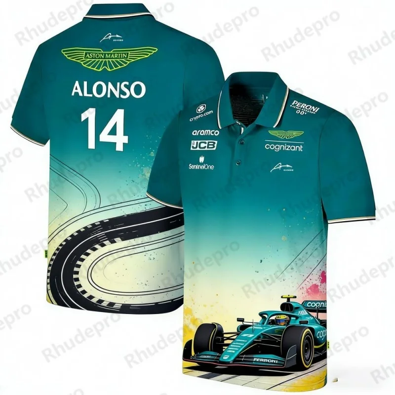 Фото Футболка-поло с тематикой гонок команды Aston Martin F1, мужская спортивная повседневная футболка с воротником, сувенирная футболка для фанатов №2