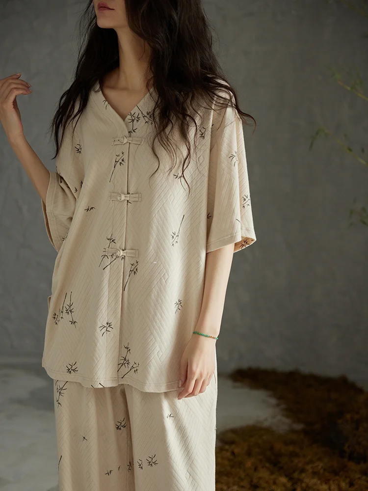 Пижама Qiaoweini женская летняя Трикотажная хлопковая Новая китайская бамбуковая с