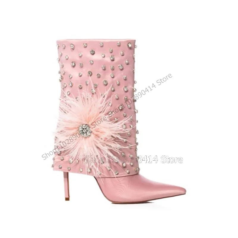 Женские сапоги с острым носком розовые до середины икры на высоком тонком