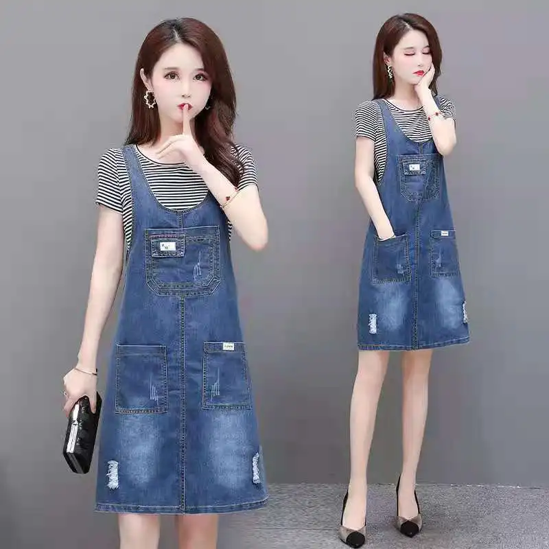 

2022 Summer Women Suspender Denim Dress Sleeveless Casual Sundress Loose Overalls Female Strap Jean Dresses E91