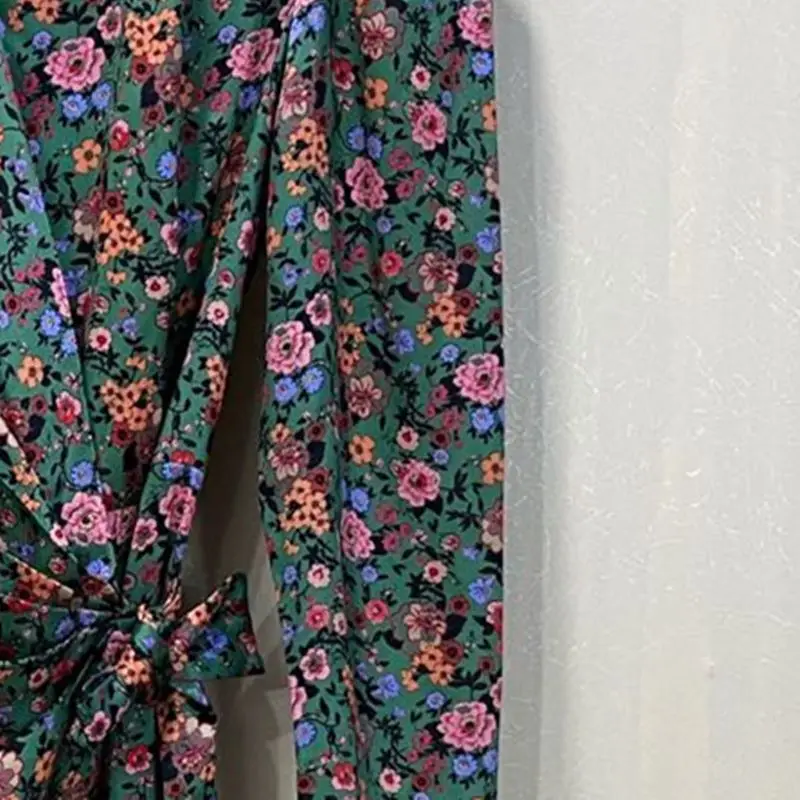 

Women Floral Print Midi Dress Lace-up Stand Collar Zipper Three Quarter Sleeve High Waist Female Robe