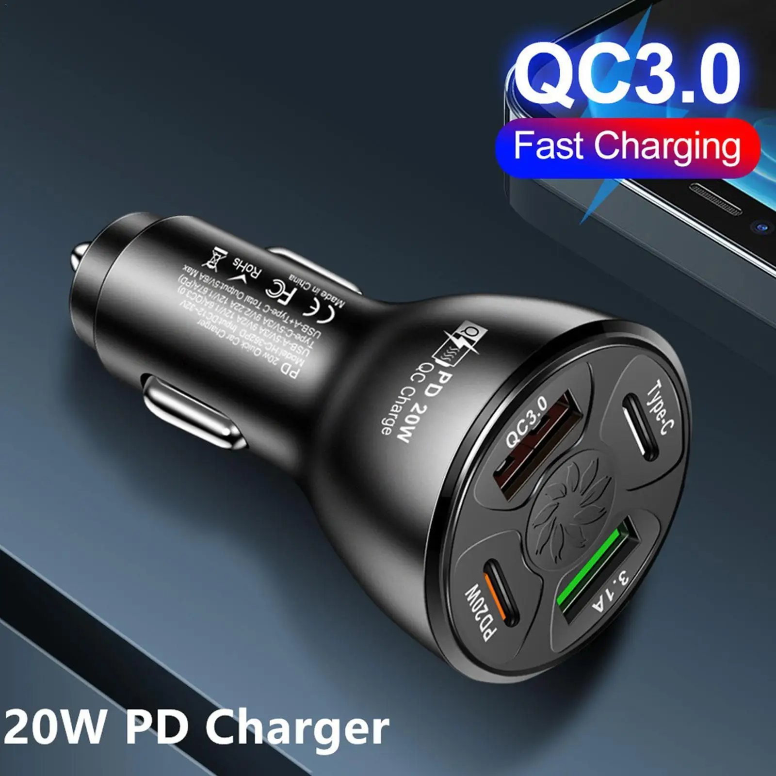 

Автомобильное зарядное устройство USB Quick Charge 3,0, универсальное зарядное устройство с 4 портами USB Type-C PD 20 Вт для IPhone, Xiaomi, Redmi