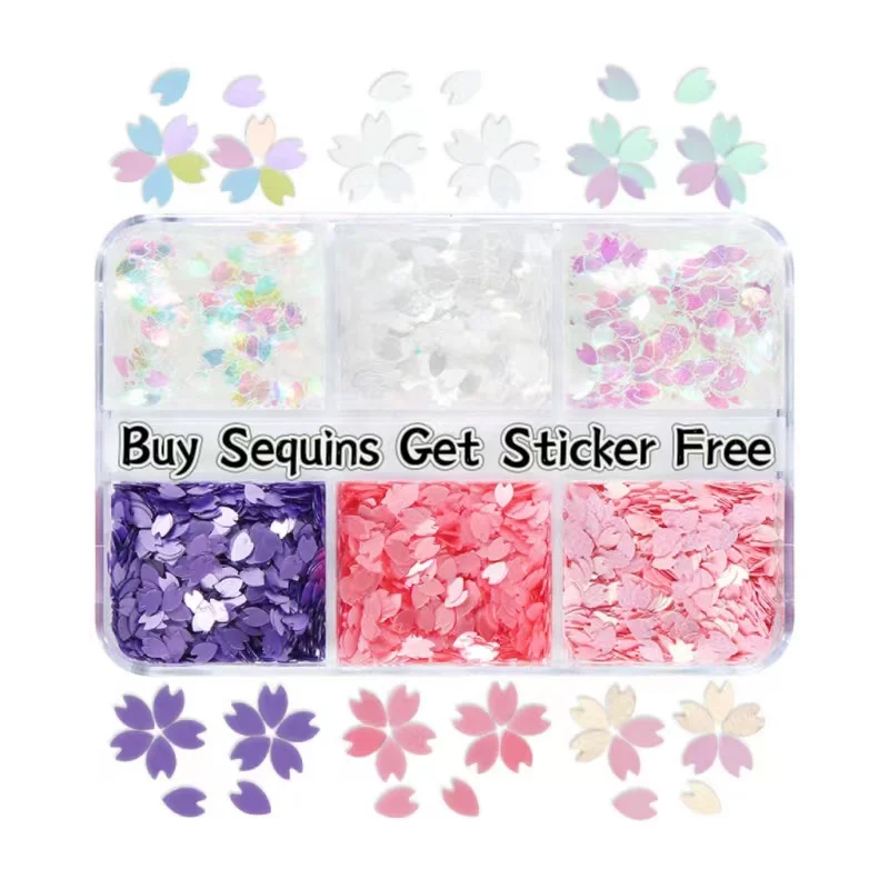 

2023 New Style White Cherry Petals Nail Art Glitter Sequins Stickers Decals DIY 6Grids Pink Flower Sequin Nail Decorations