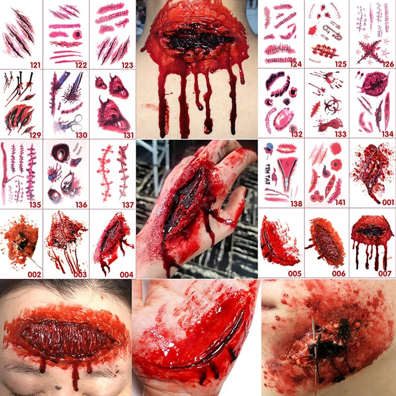 

1pcs Horror Realistic Fake Bloody Wound Stitch Scar Waterproof Temporary Tattoo Sticker Halloween Masquerade Prank Makeup Props