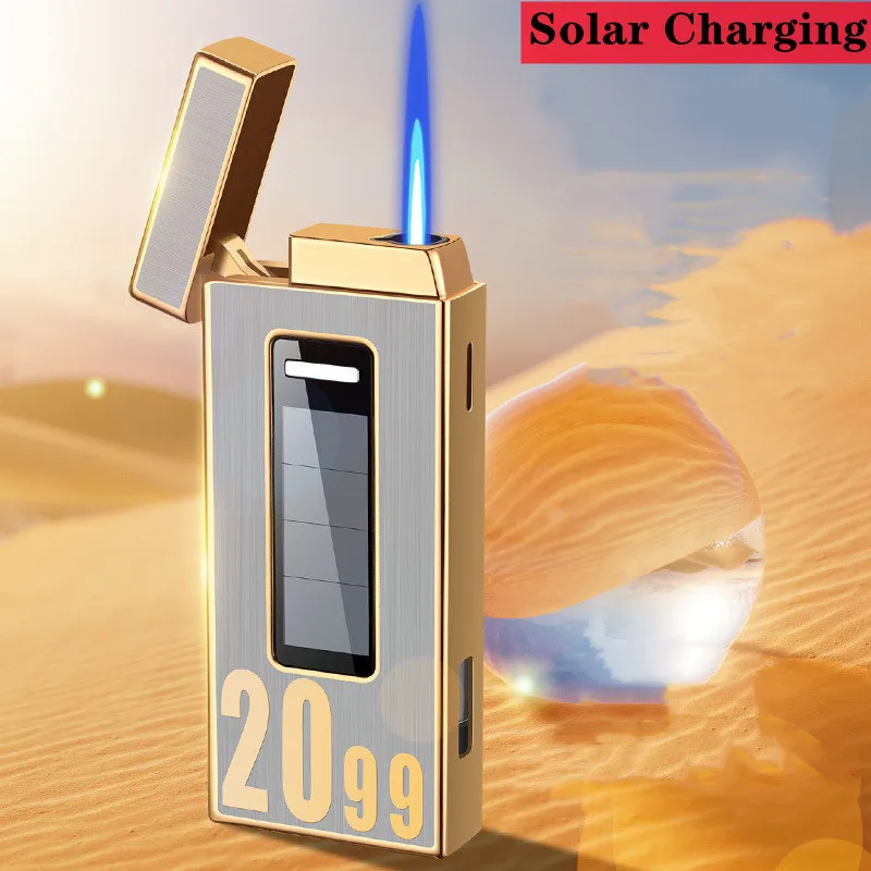 

Touch Sensitive Solar Rechargeable Lighter Metal Outdoor Windproof Butane Gas Lighter Turbo Torch Blue Flame Jet Lighters