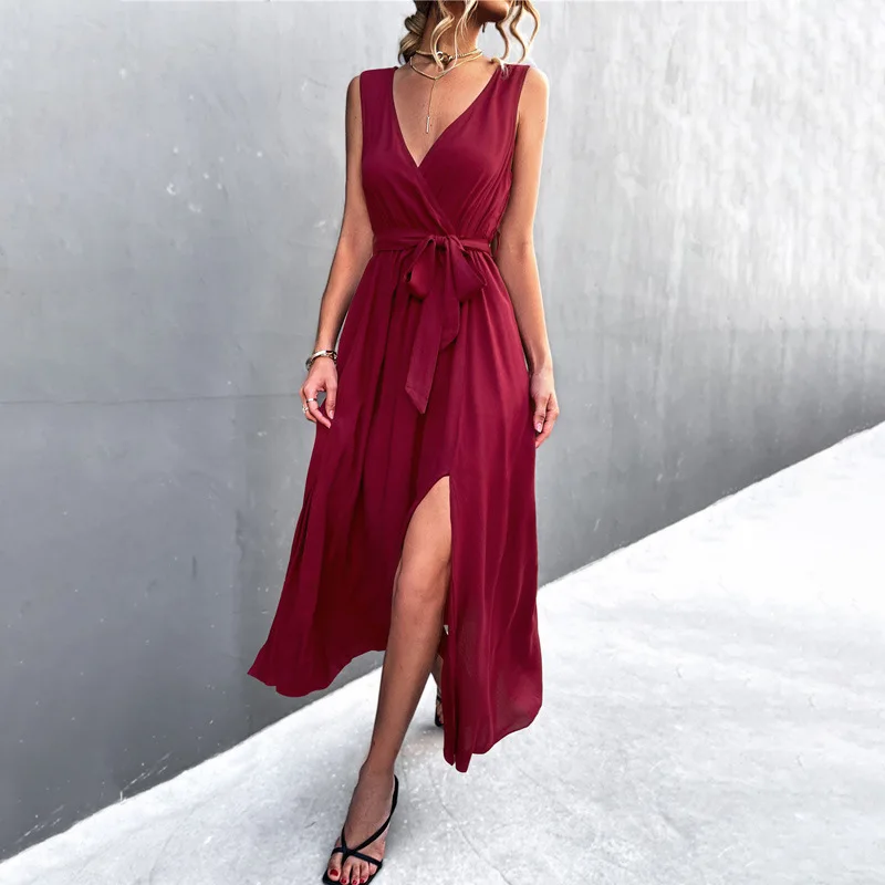 

Sexy V-neck Low-cut Sashes Long Dress Women Summer New Solid Casual Loose Elegant Robe Maxi Sleeveless Split Party Vestidos Robe