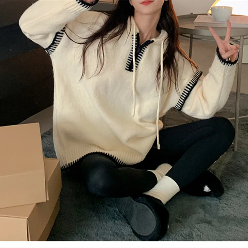 

Hooded half-zip knitwear women's new versatile design for autumn and winter feels lazy sweater trend