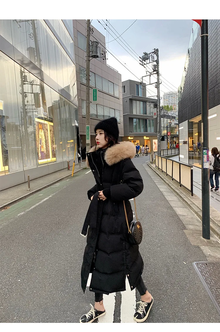 Winter New Down Jacket Women In Long Models Knee-high Thick Fox Fur Collar Cotton Jacket White Duck Down Waist Warm Jacket