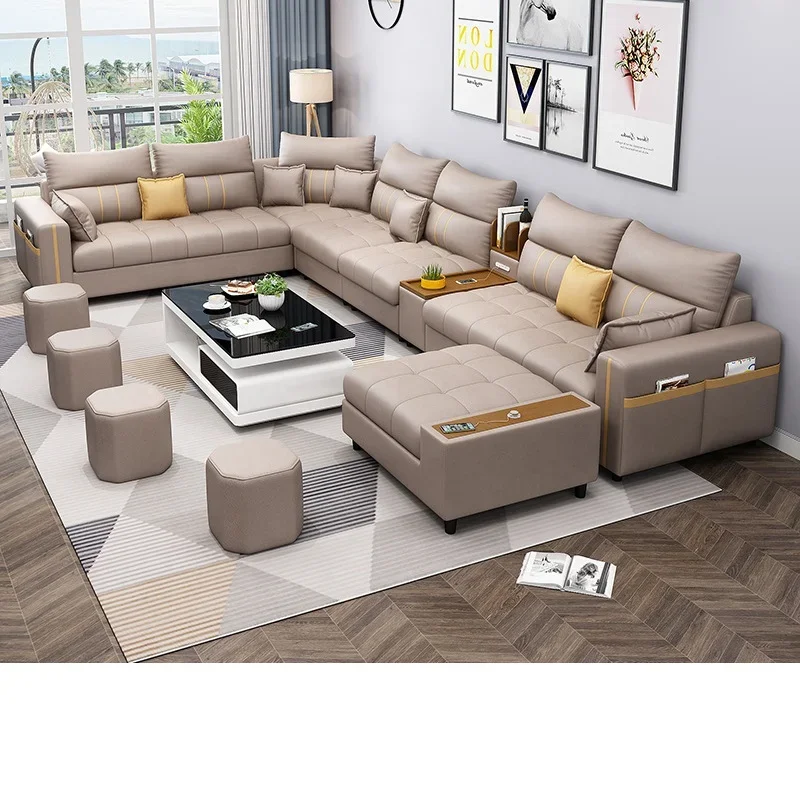 Современная мебель для гостиной в сборе L-образный кожаный диван с USB-портом