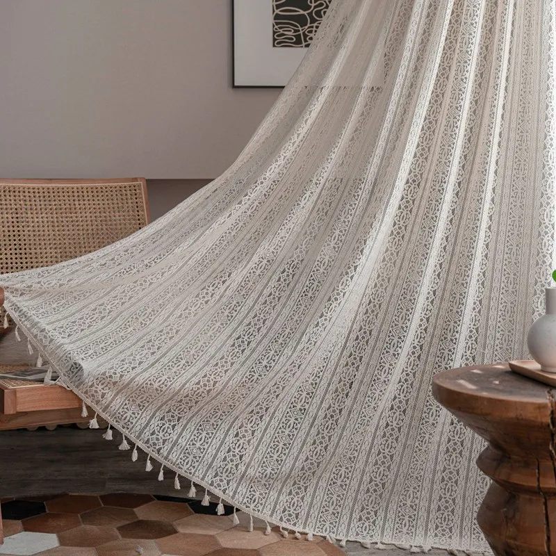 Американский стиль сельский бежевый с кисточками вязаный крючком ажурные