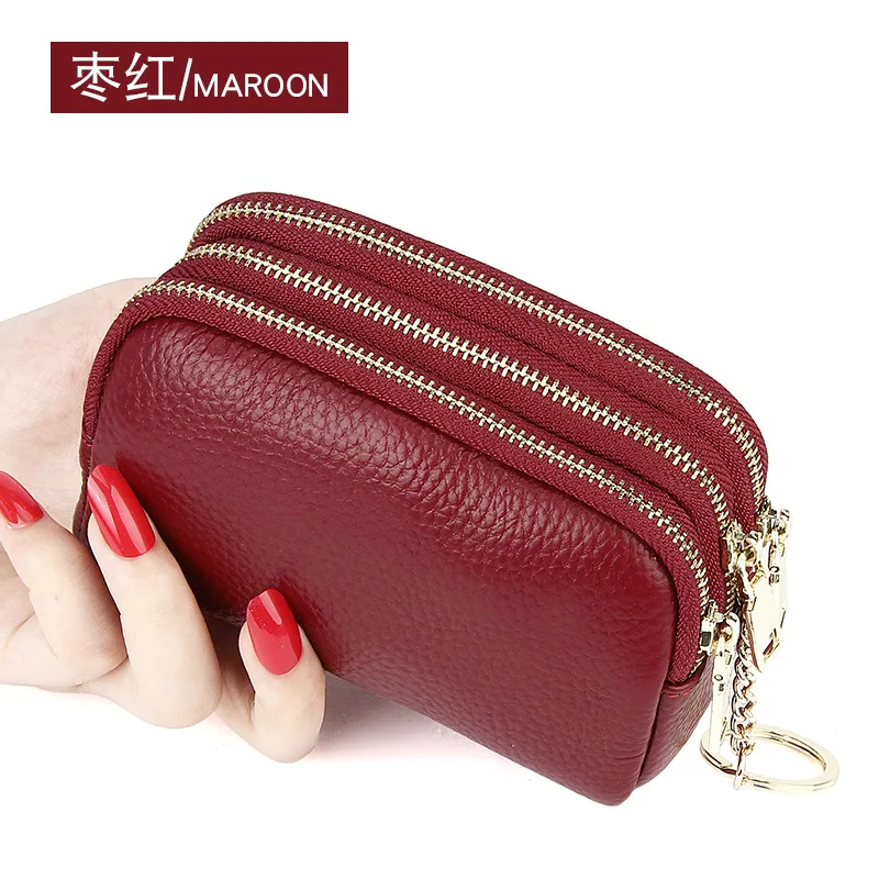 2023Top layer cowhide simple fashion mini clutch three zipper keys coin purse genuine leather