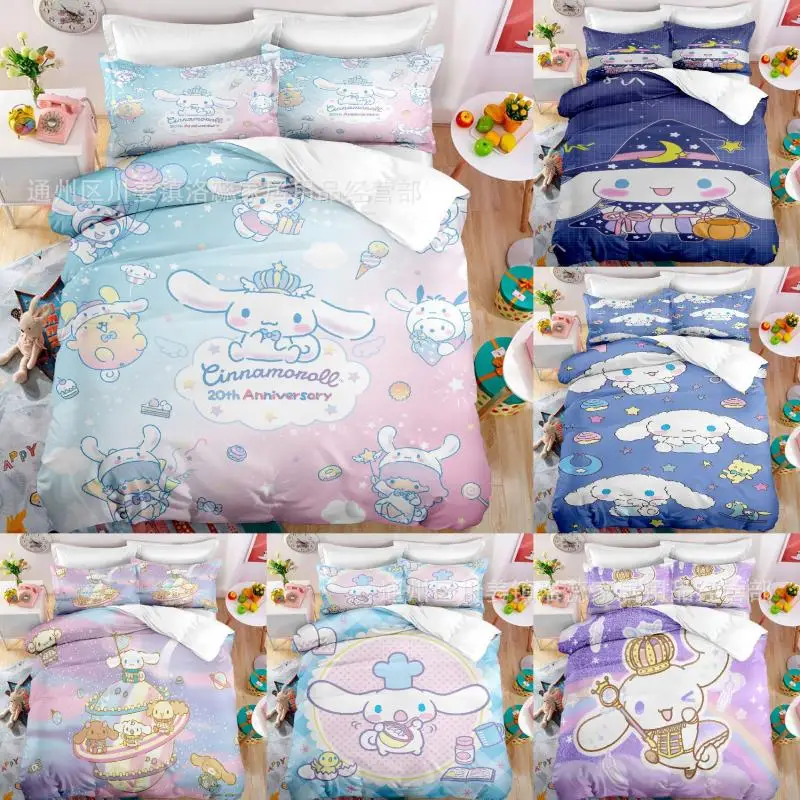 

3 Pcs Suit Sanrios Kawaii Double Bedding Kuromi Cinnamoroll Big Ears Dog Girls Single Bed Cartoon Anime Quilt Cover Pillow Case