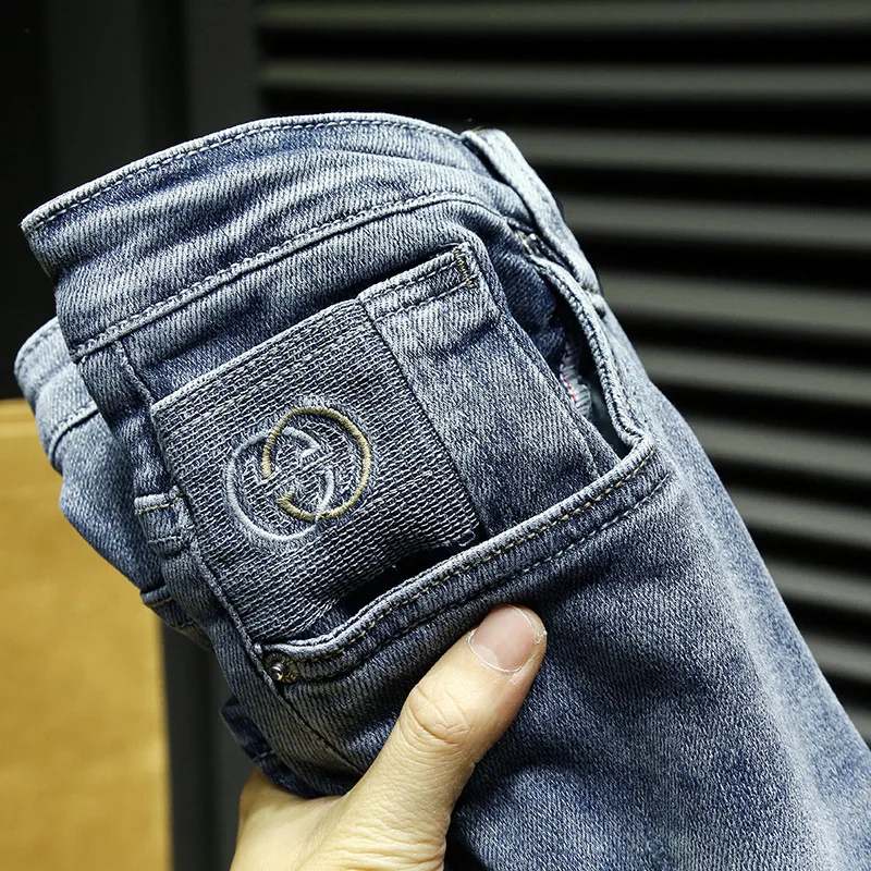 Men's Denim Pants Fashion Loose Wide Leg Jeans Casual Streetwear Printed Cross Trousers Pure Cotton Pants Baggy Men Jeans