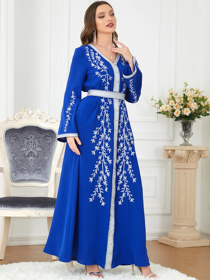 Embroidered Kaftan Arabic  Dress Women Lace Trimming Moroccan Caftan Muslim Long Dresses Eid Ramadan Dubai Abaya Blue Autumn
