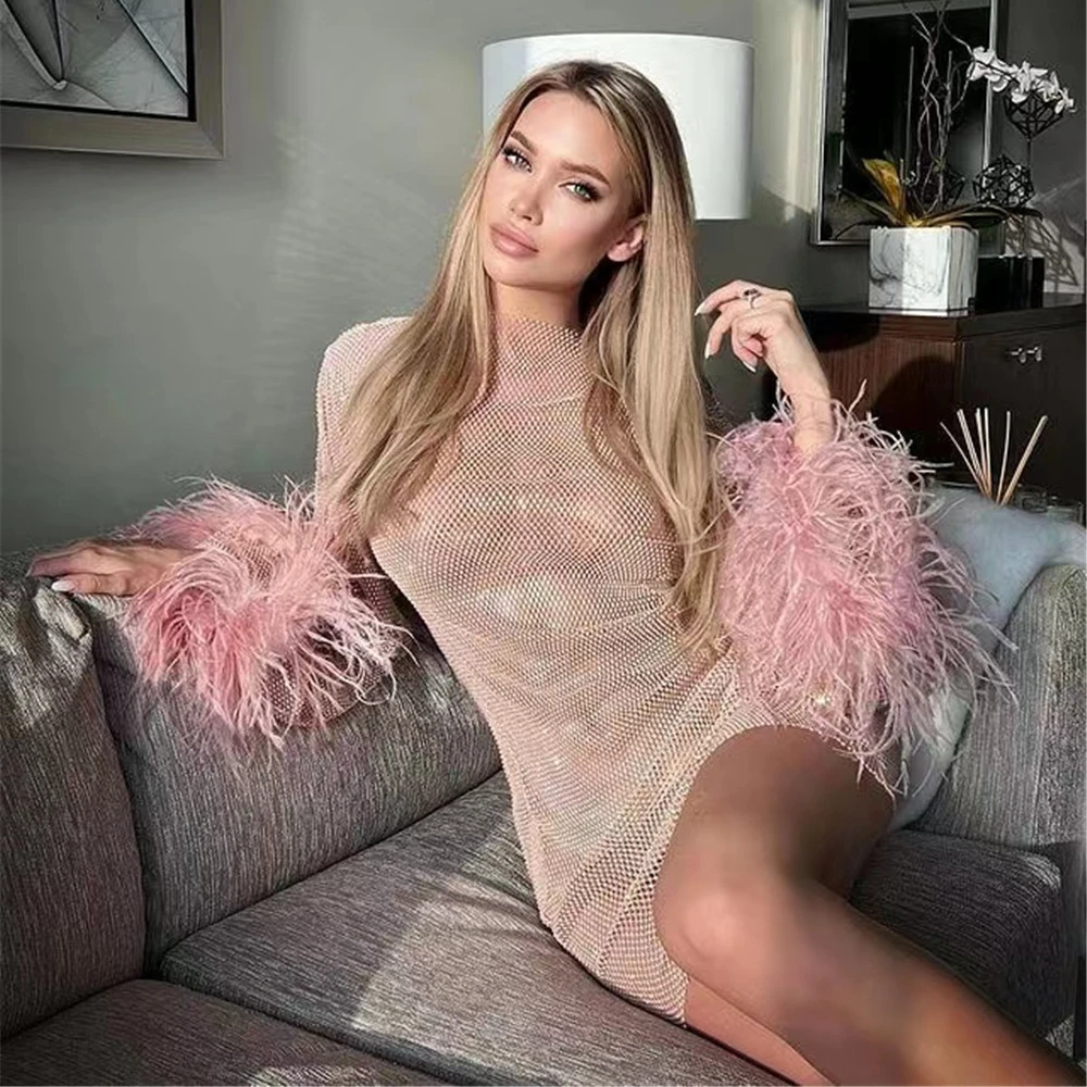 

Сетчатое платье в европейском и американском стиле, модель 2023 года, летнее сексуальное блестящее платье с длинным рукавом и бриллиантовой сеткой