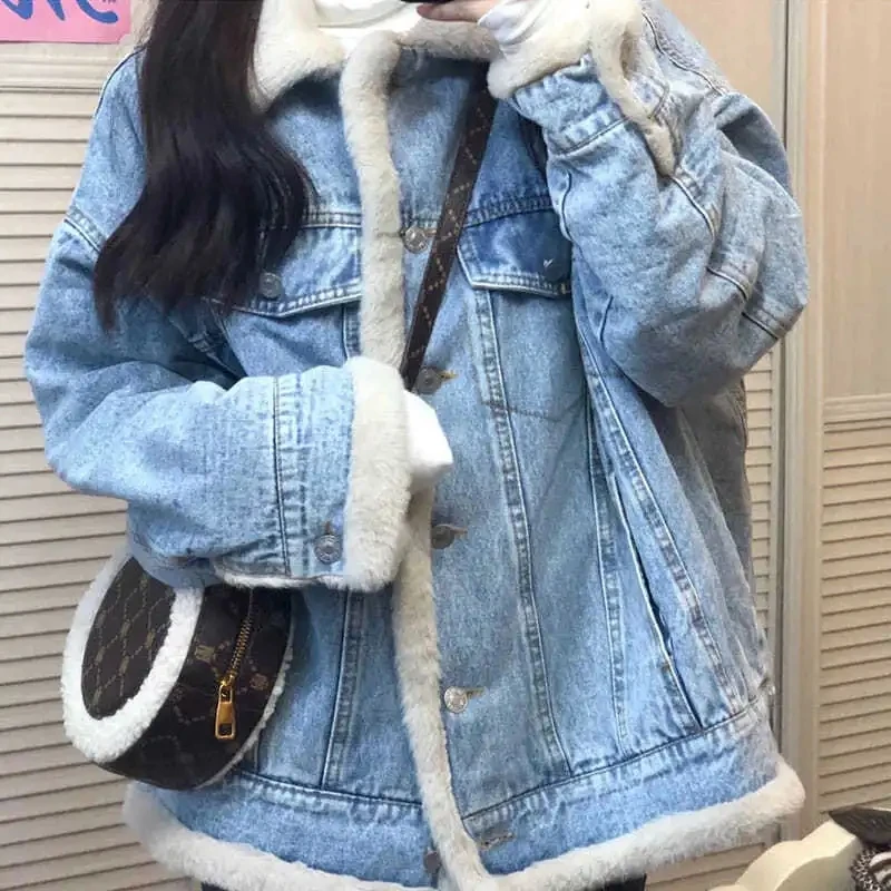 denim Both Sides Wear Denim Jacket Female Korean Style Loose Leopard Print Faux Rabbit Fur Coat Winter Autumn Jacket Woman