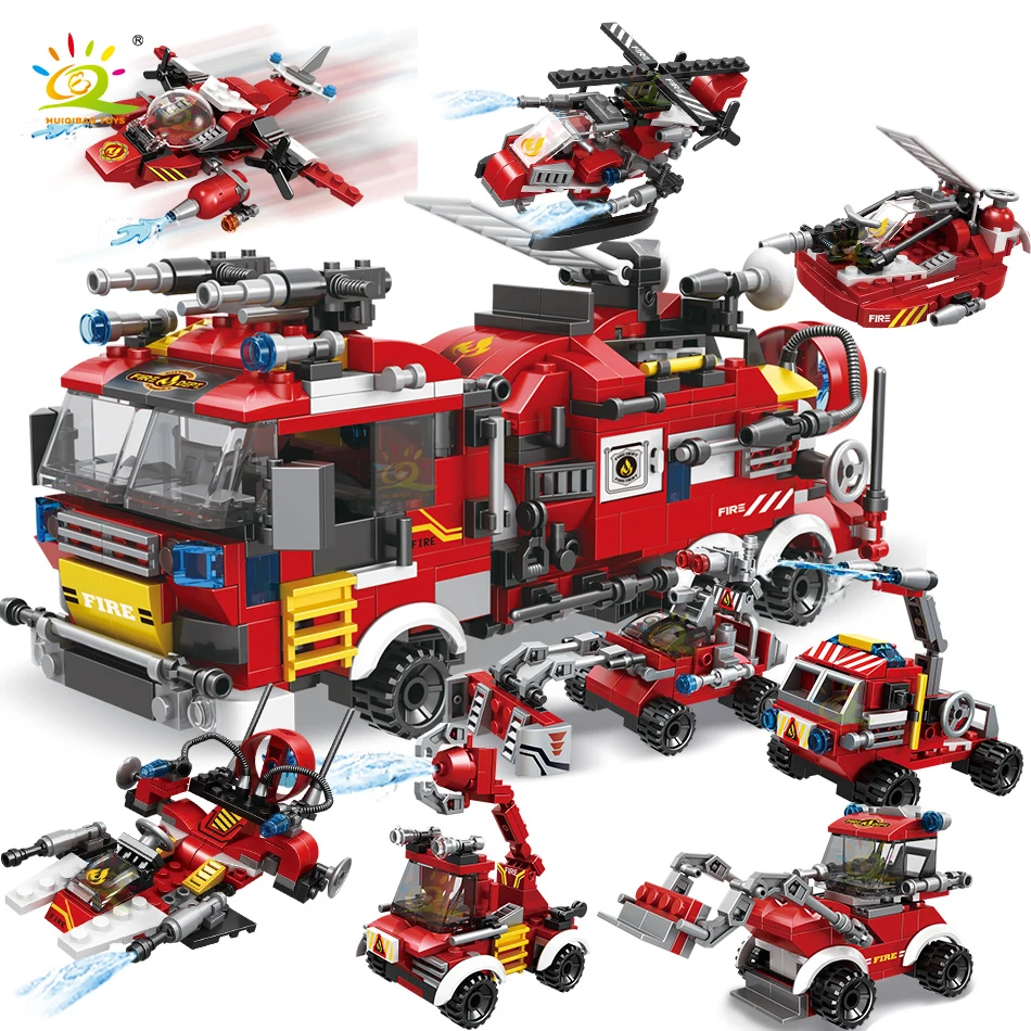 

Technical Car Fire Fighting 8in1Trucks Car Model Helicopter Boat Building Blocks Firefighter Figures Man Bricks Toy for Children