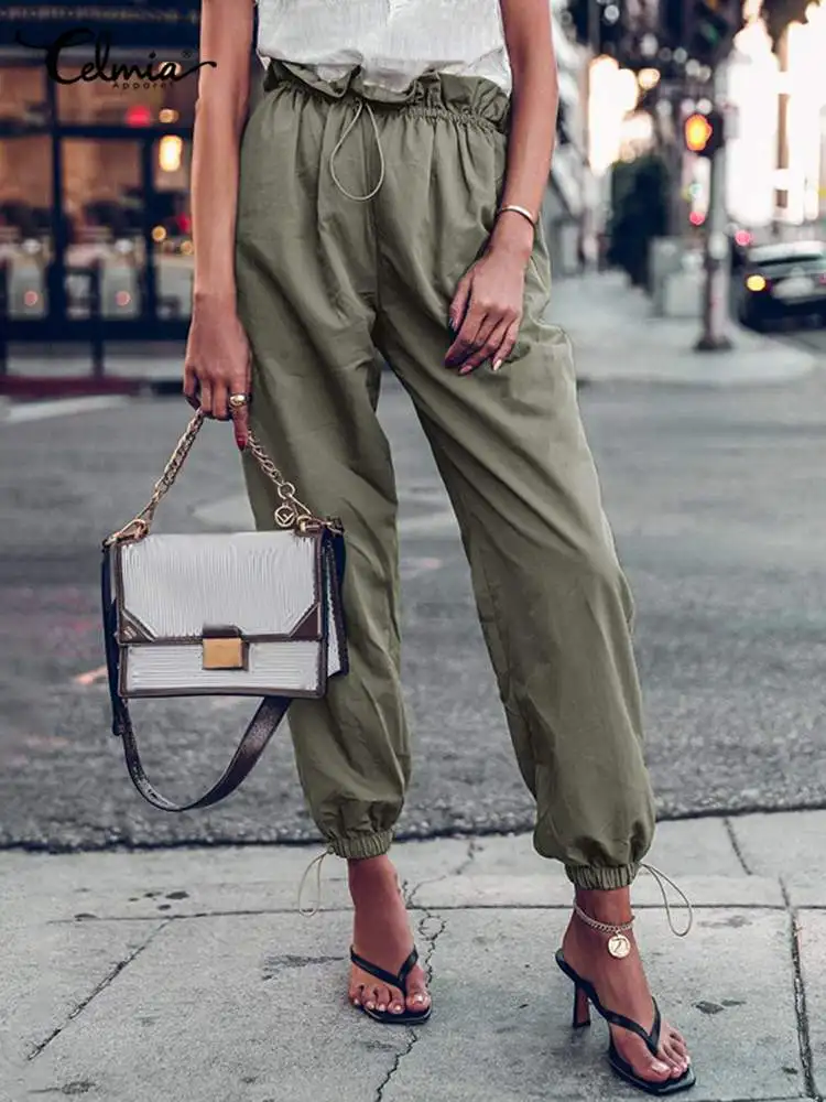 

Celmia 2023 Fashion Women Jogger Pant Solid Color Drawstring Waisted Summer Ankle-length Pantalon Streetwear Green Long Trousers