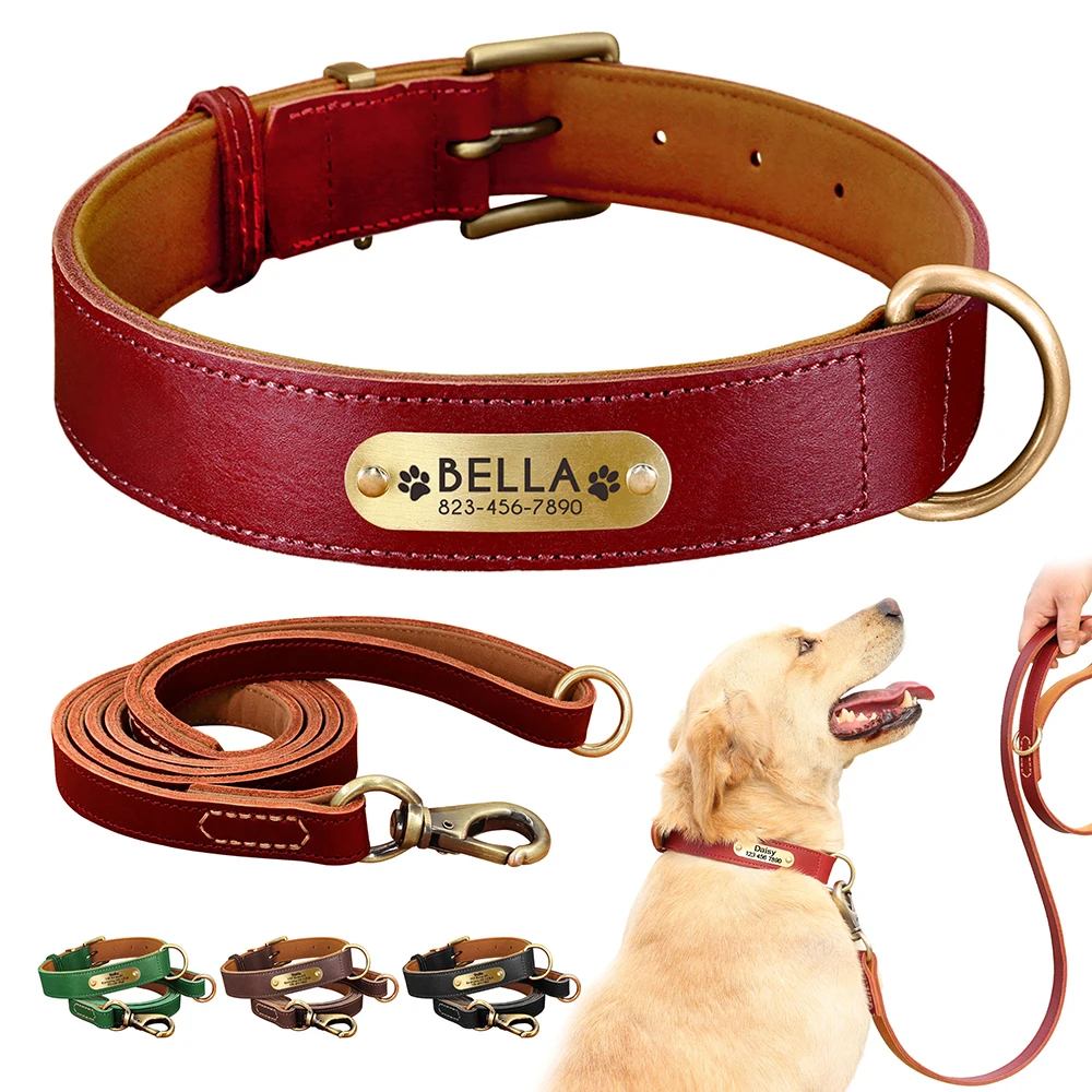 

Leather Dog Collar and Leash Set Personalized Dogs ID Collars Free Engraved Tag Nameplate For Small Medium Large Dogs Pitbull