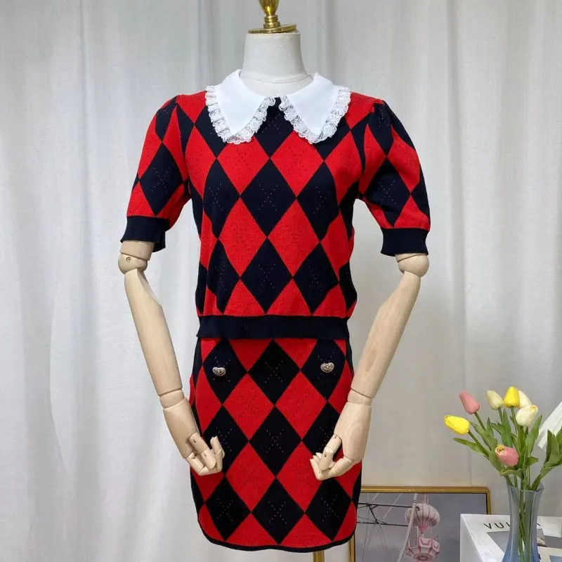 

2022 summer Retro Plaid Knitted 2 Piece Set Women Lapel Patchwork Short Sleeve Sweater Crop Tops + Bodycon Skirts Sets Mini Sk