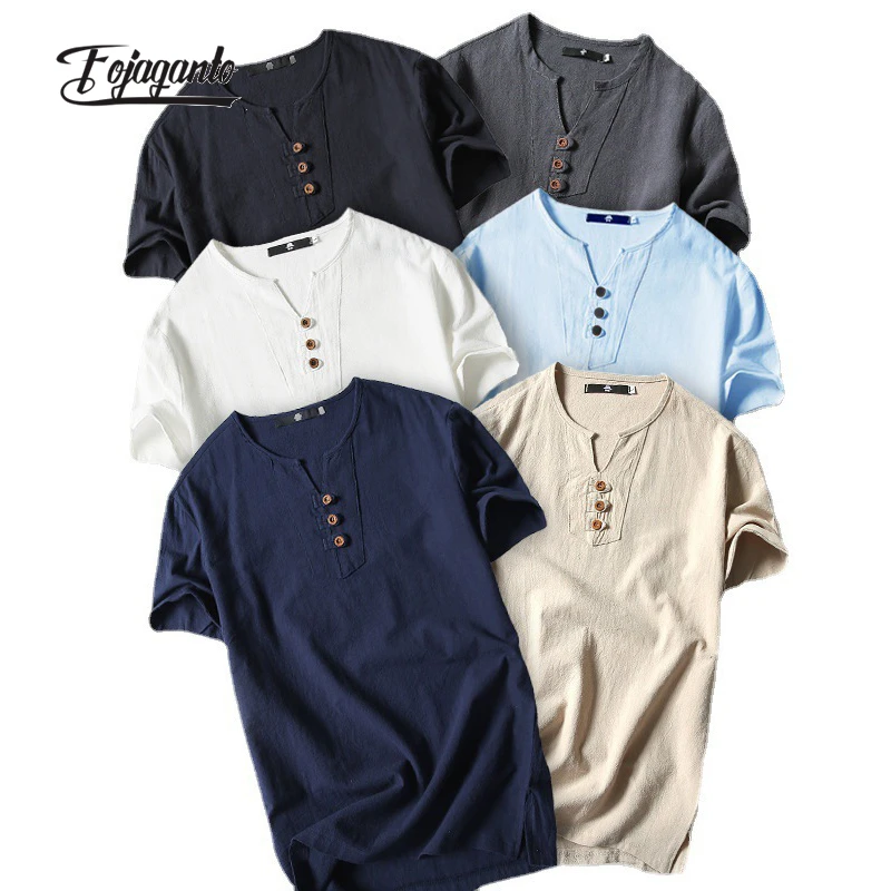 

FOJAGANTO Summer Men T Shirt Japanese Fashion Linen Button Design Thin Slim Fit Short Sleeve Male Casual Solid Color T-Shirt