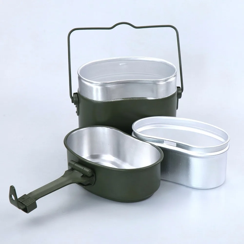 

3pcs In 1 Camping Cookware Cook Set Military Green Bento Lunch Boxes Pot Bowl Portable Tableware For Camping Hiking Survival
