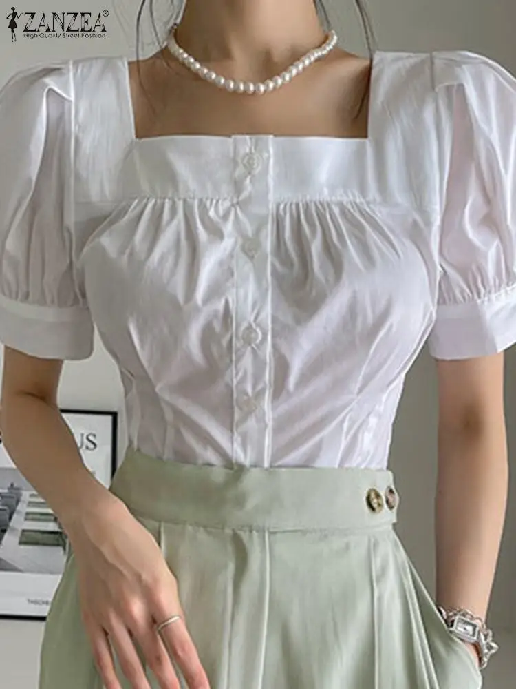 

ZANZEA Fashion Ladies Classy Blusas Elegant Square Collar Shirts Women Summer Short Puff Sleeve Korean Style Pleats Slim Blouses