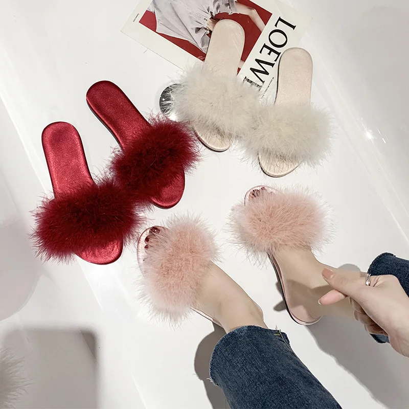 

2022 Korean Summer New Flat Bottomed Wool Slippers Women Wear Fashionable Low Heel Sandals Feather Flip Flops TX-39