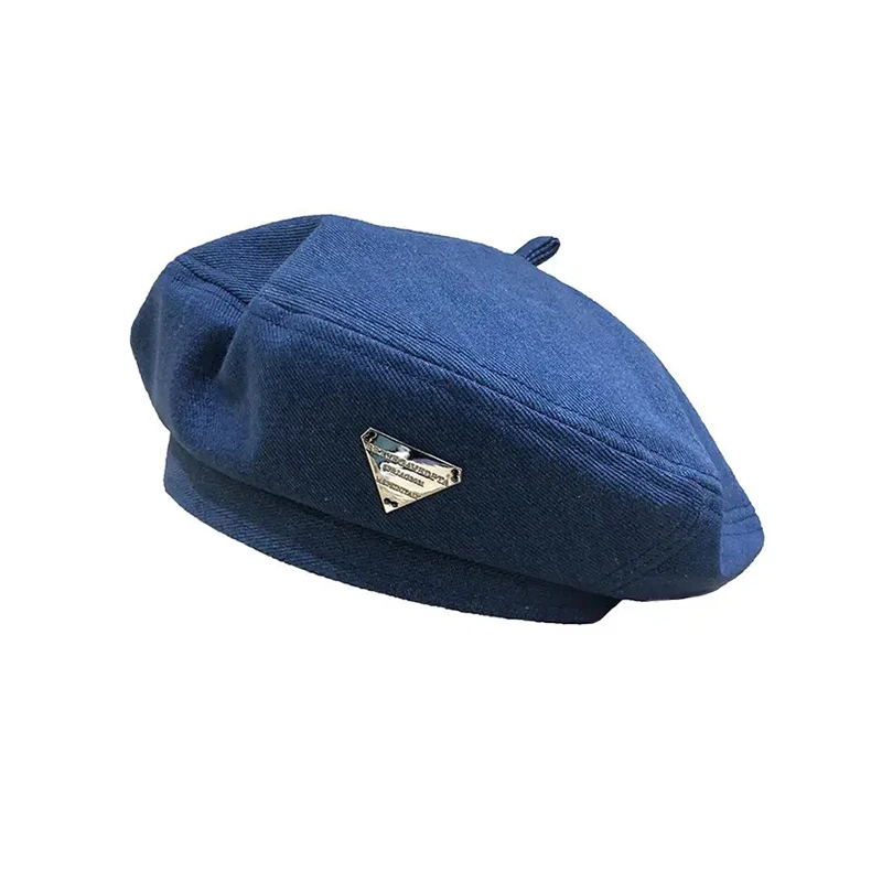 Женские Хлопковые Джинсовые Однотонные Береты Синего Цвета С Треугольными
