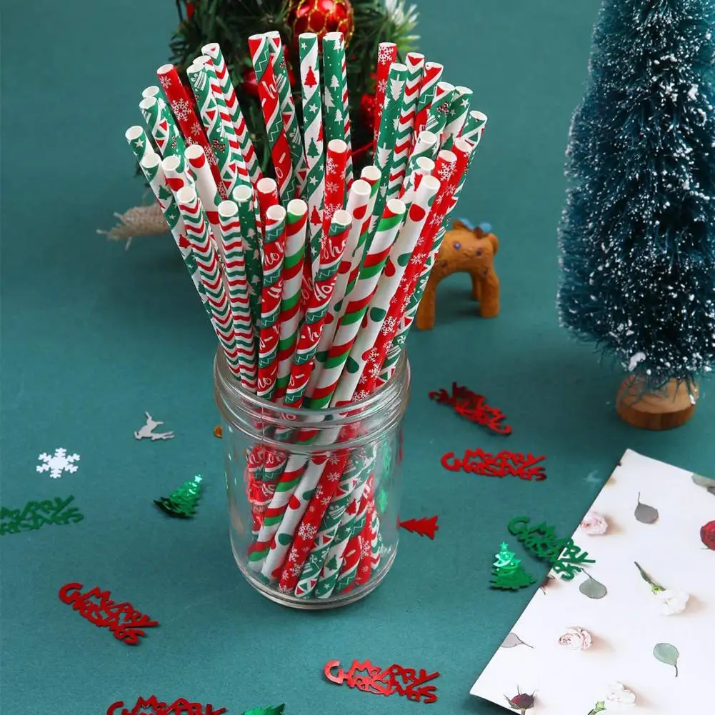

100 Pcs Paper Straws Diversed Food Grade Degradable Christmas Style Disposable Table Decoration Safe Snowflake Print Xmas Drinki