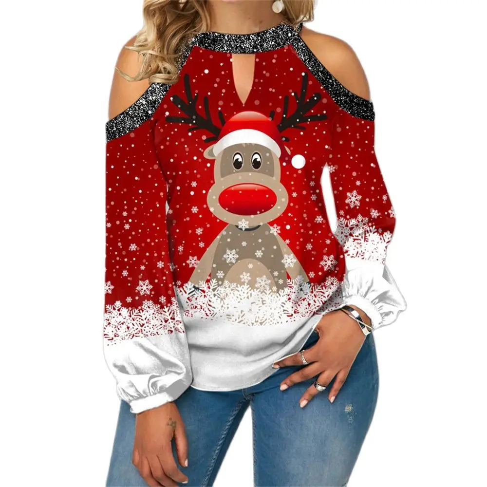 

2022 Women O Neck Cute Christmas Elk Print Lantern Sleeve T Shirt Sexy Off Shoulder Top Autumn Long Sleeve T Shirt