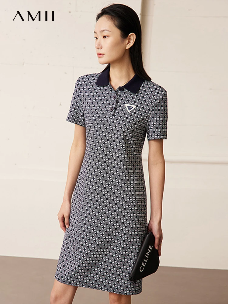 

AMII Minimalism Dresses for Women 2023 Spring New Polo Neck Vestidos Knitted Short Sleeves Office Lady Female Clothing 12362007