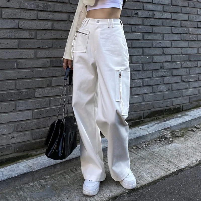 Custom 2022 Stylish White Wide Leg High Waist Denim Jeans Trousers Sexy Zipper Straight Women's Wear Women With Side Pocket