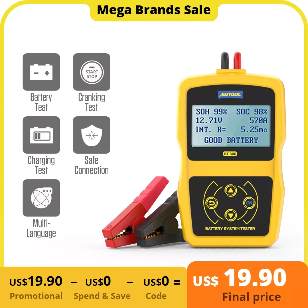 

BT360 12V Car Battery Tester Digital Automotive Diagnostic Battery Tester Analyzer Vehicle Cranking Charging Scanner Tool
